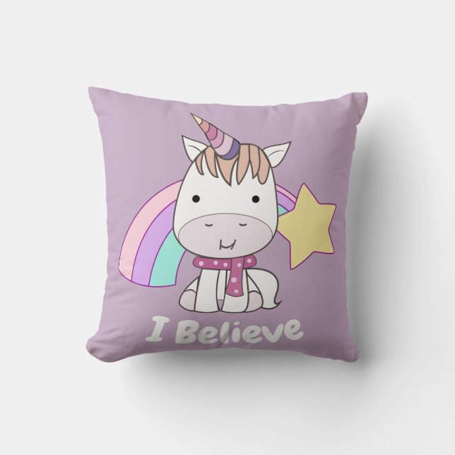 Cute Cartoon Baby Unicorn and Rainbow Purple Cushion (Front)