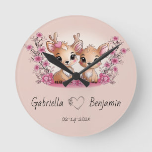 Cute Cartoon Bambi Lovers Heart Valentine’s Day Round Clock
