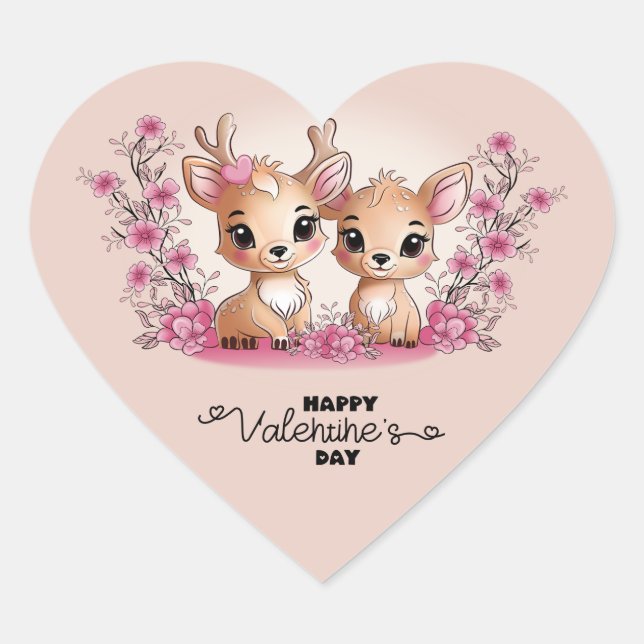 Cute Cartoon Bambi Lovers Heart Valentine’s Day Sticker (Front)