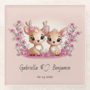 Cute Cartoon Bambi Lovers Hearts Valentine’s Day Glass Coaster