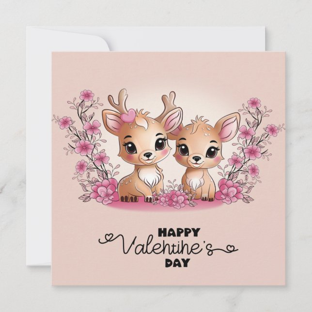 Cute Cartoon Bambi Lovers Hearts Valentine’s Day Holiday Card (Front)