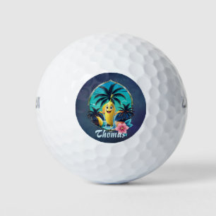 Cute cartoon banana on the tropical beach.  golf balls