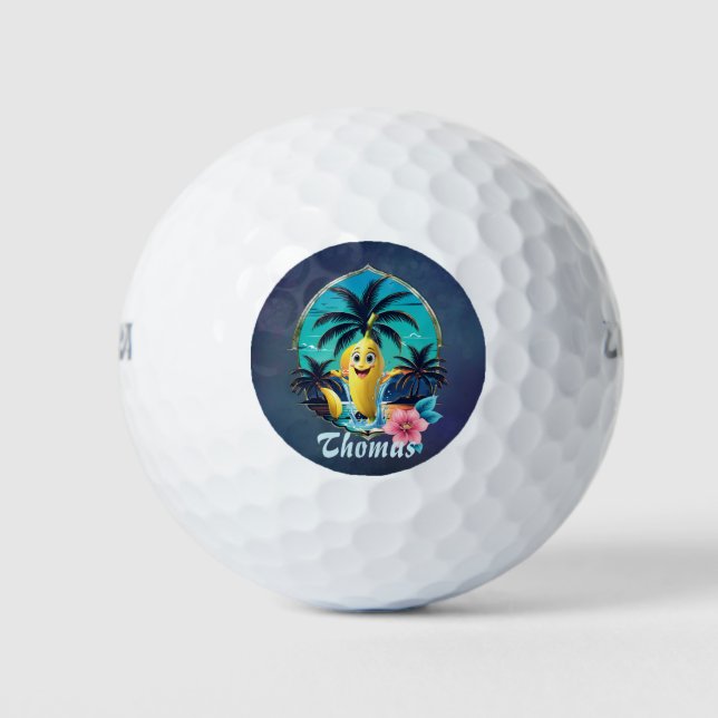 Cute cartoon banana on the tropical beach.  golf balls (Front)