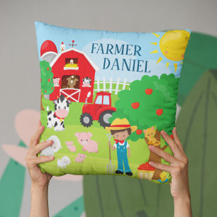 Cute Cartoon Barnyard Animals, Farmer, and Tractor Cushion