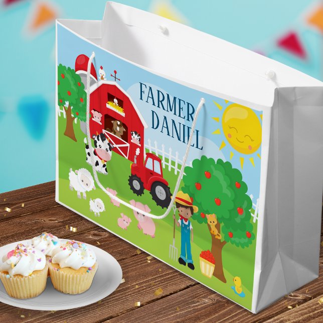 Cute Cartoon Barnyard Animals, Farmer, and Tractor Large Gift Bag (Creator Uploaded)