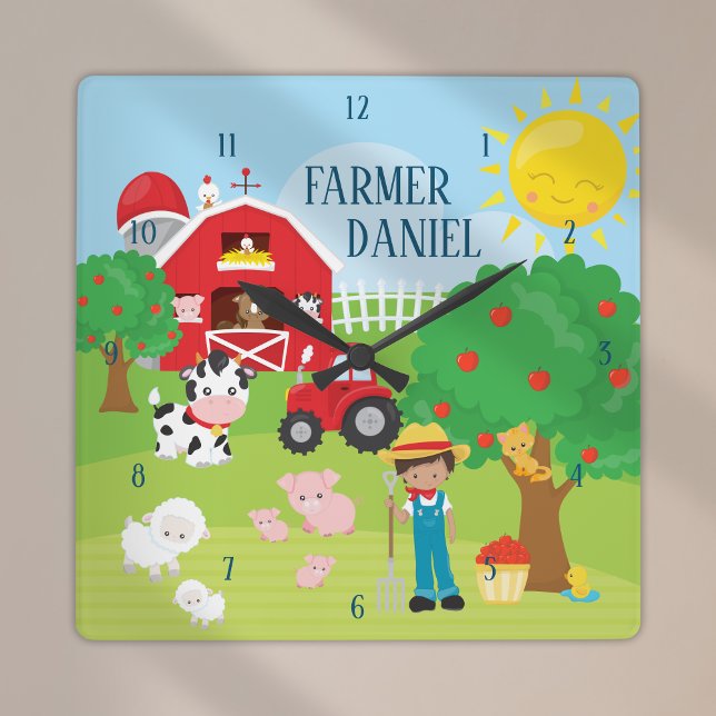 Cute Cartoon Barnyard Animals, Farmer, and Tractor Square Wall Clock (Creator Uploaded)