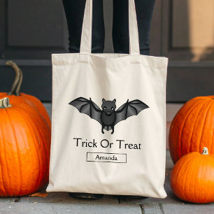 Cute Cartoon Bat Halloween Trick Or Treat & Name Tote Bag
