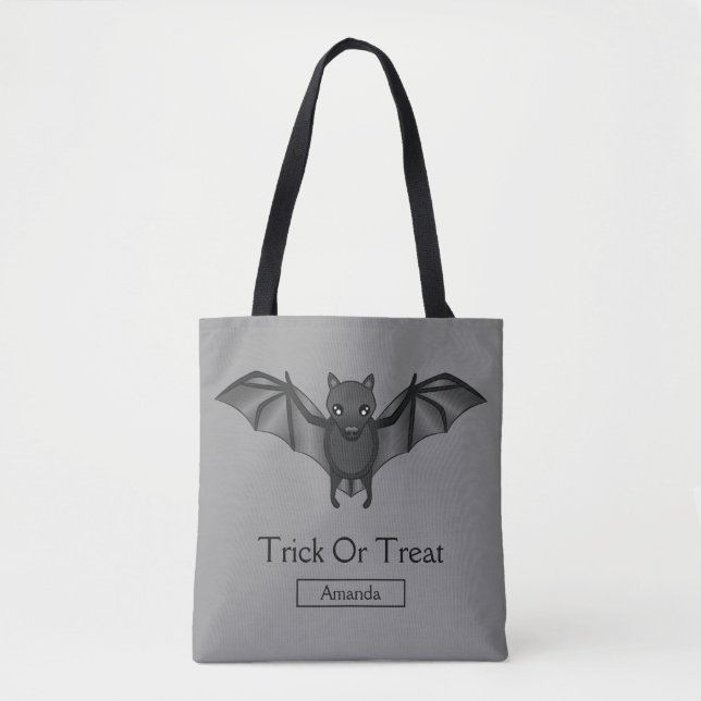 Cute Cartoon Bat With Trick Or Treat Text & Name Tote Bag (Front)
