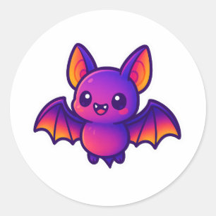 Cute Cartoon Bat with Vibrant Purple Wings and Big Classic Round Sticker