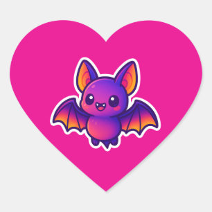 Cute Cartoon Bat with Vibrant Purple Wings and Big Heart Sticker
