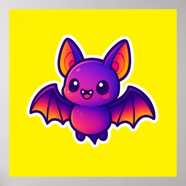 Cute Cartoon Bat with Vibrant Purple Wings and Big Poster (Front)