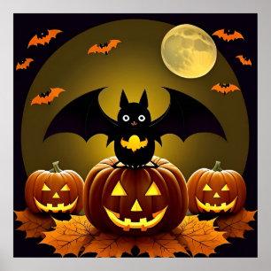Cute Cartoon Bats Pumpkins Under Full Moon  Poster