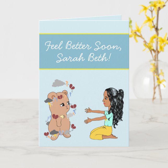 Cute Cartoon Bear Get Well Soon for Friend Kids Card (Yellow Flower)