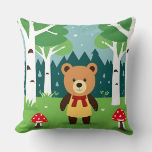 Cute Cartoon Bear in a Magical Forest Scene Cushion