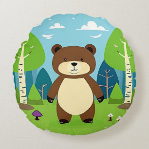Cute Cartoon Bear in a Magical Forest Scene Round Cushion