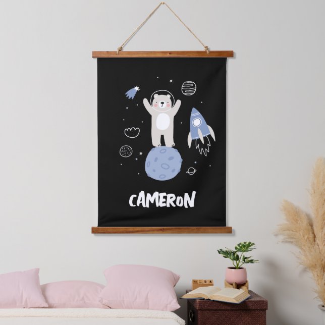 Cute Cartoon Bear In Space Hanging Tapestry (Bedroom)