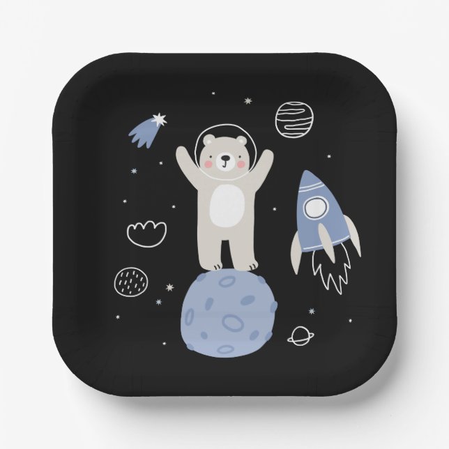 Cute Cartoon Bear In Space Paper Plate (Front)