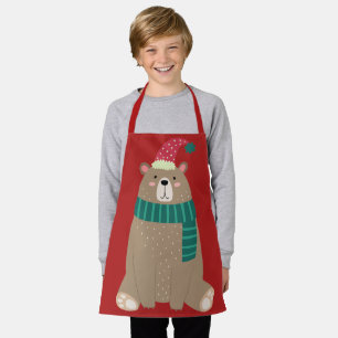 Cute Cartoon Bear in Wooly Scarf Christmas  Apron