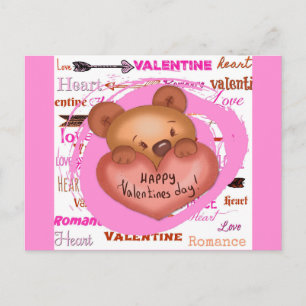 Cute Cartoon Bear Pink Valentine's Day Postcard