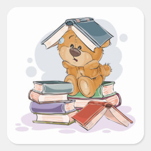 Cute Cartoon Bear Reading Books Square Sticker