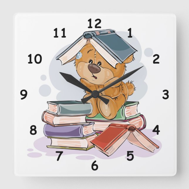 Cute Cartoon Bear Reading Books Square Wall Clock (Front)