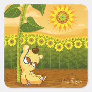 Cute Cartoon Bear with Sunflowers Square Sticker