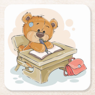 Cute Cartoon Bear Writing a Book Square Paper Coaster