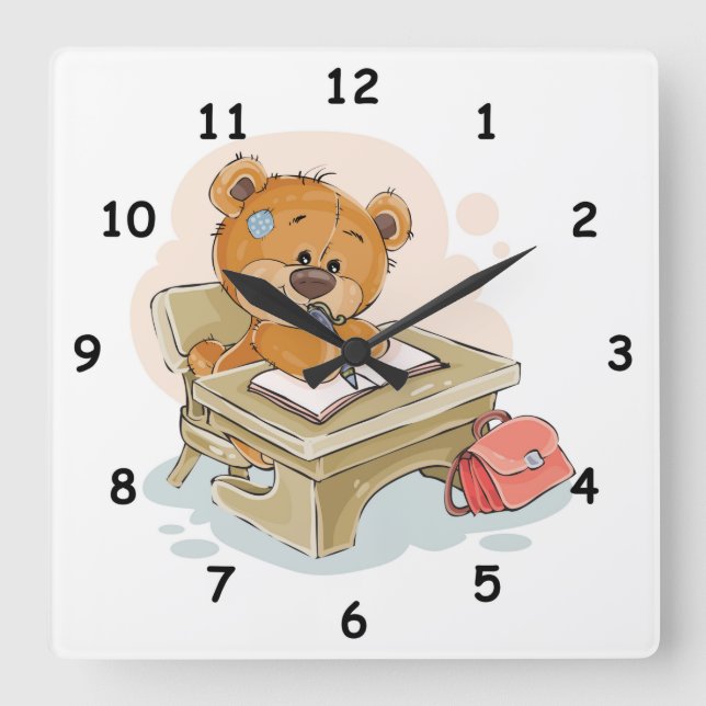Cute Cartoon Bear Writing a Book Square Wall Clock (Front)