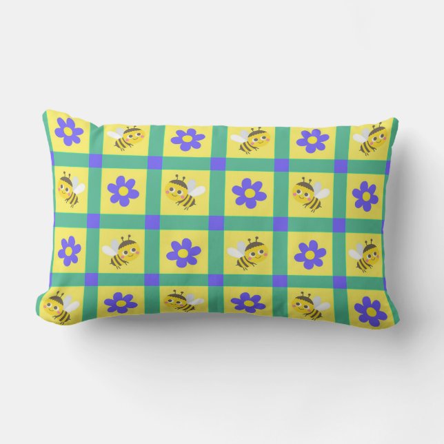 Cute Cartoon Bee and Flower Pattern Lumbar Cushion (Front)