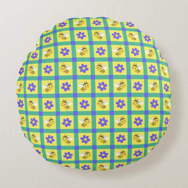 Cute Cartoon Bee and Flower Pattern Round Cushion (Front)