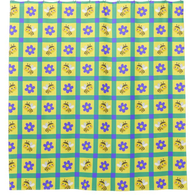 Cute Cartoon Bee and Flower Pattern Shower Curtain (Front)