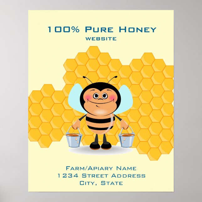 Cute Cartoon Bee Carrying Buckets of Honey Busines Poster (Front)