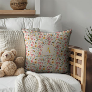 Cute cartoon bee flower blue pattern monogram cushion