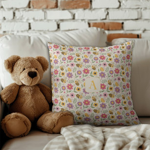 Cute cartoon bee flower green pattern monogram cushion