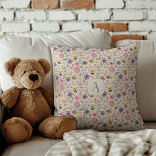 Cute cartoon bee flower pastel pattern monogram cushion