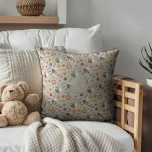 Cute cartoon bee flower yellow pattern monogram cushion