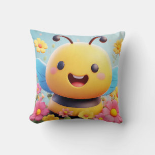 Cute Cartoon Bee Surrounded by Colourful Flowers Cushion
