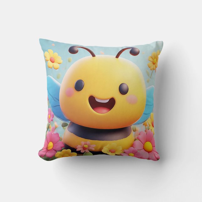 Cute Cartoon Bee Surrounded by Colourful Flowers Cushion (Front)