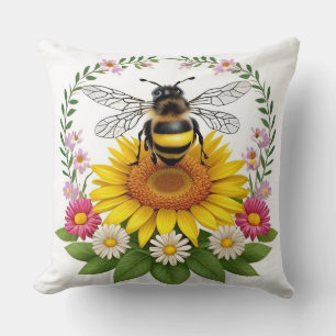 Cute Cartoon Bee Surrounded by Colourful Flowers Cushion