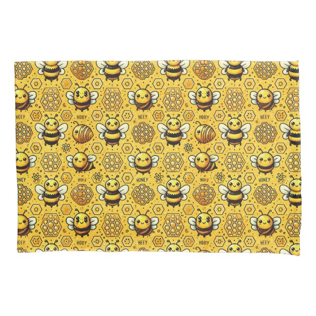 Cute Cartoon Bees and Honeycomb Pattern Pillowcase (Front)