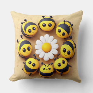 Cute Cartoon Bees Around Daisy Flower Cushion