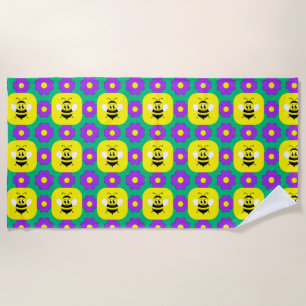 🐝 Cute Cartoon Bees & Floral Garden Joy 🌸 Beach Towel