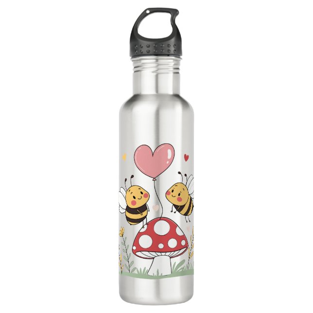 Cute Cartoon Bees with Heart Balloon on Mushroom 710 Ml Water Bottle (Front)
