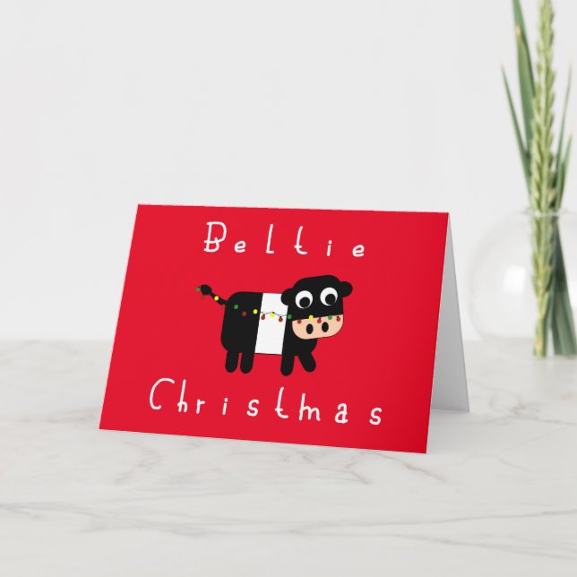 Cute Cartoon Beltie Christmas Belted Galloway Cow Holiday Card (Front)