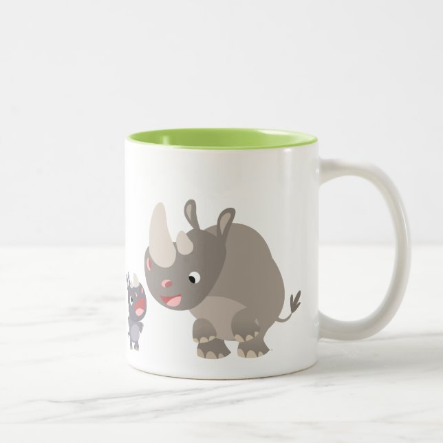 Cute Cartoon Big Rhino and Baby Rhino Two-Tone Coffee Mug (Right)