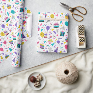 Cute Cartoon Birthday Cake and Balloon Wrapping Paper