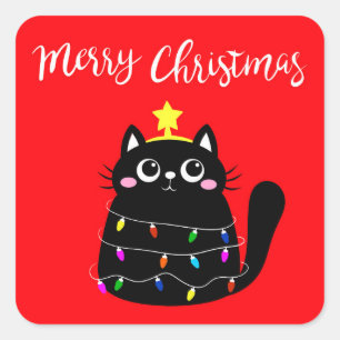 Cute cartoon black cat Christmas tree Square Sticker