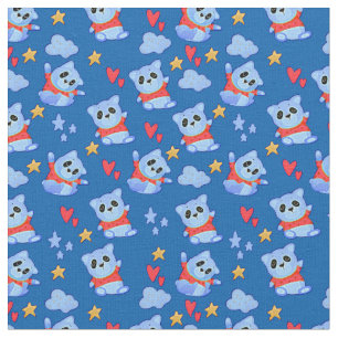 Cute Cartoon Blue Baby Panda with Red Top on Blue Fabric