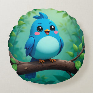 Cute Cartoon Blue Bird Decorative Home Accent Round Cushion