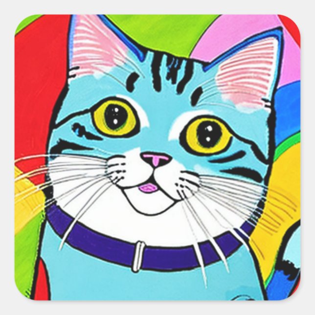 Cute Cartoon Blue Cat  Square Sticker (Front)